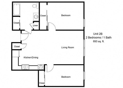 Floor plan for 2 beds, 1 bath, 693 sqft